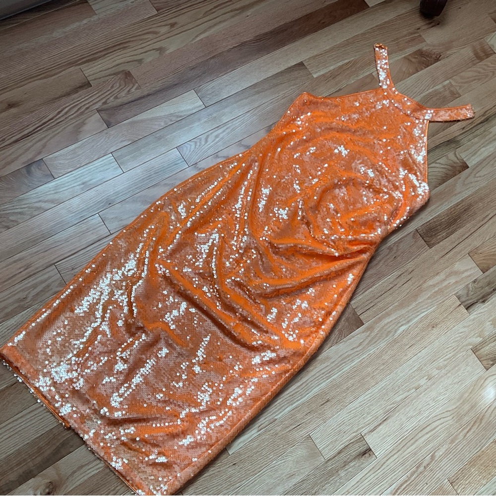 New - Caroline Constas Orange Sequin Midi Party Dress - Size Small - Halter